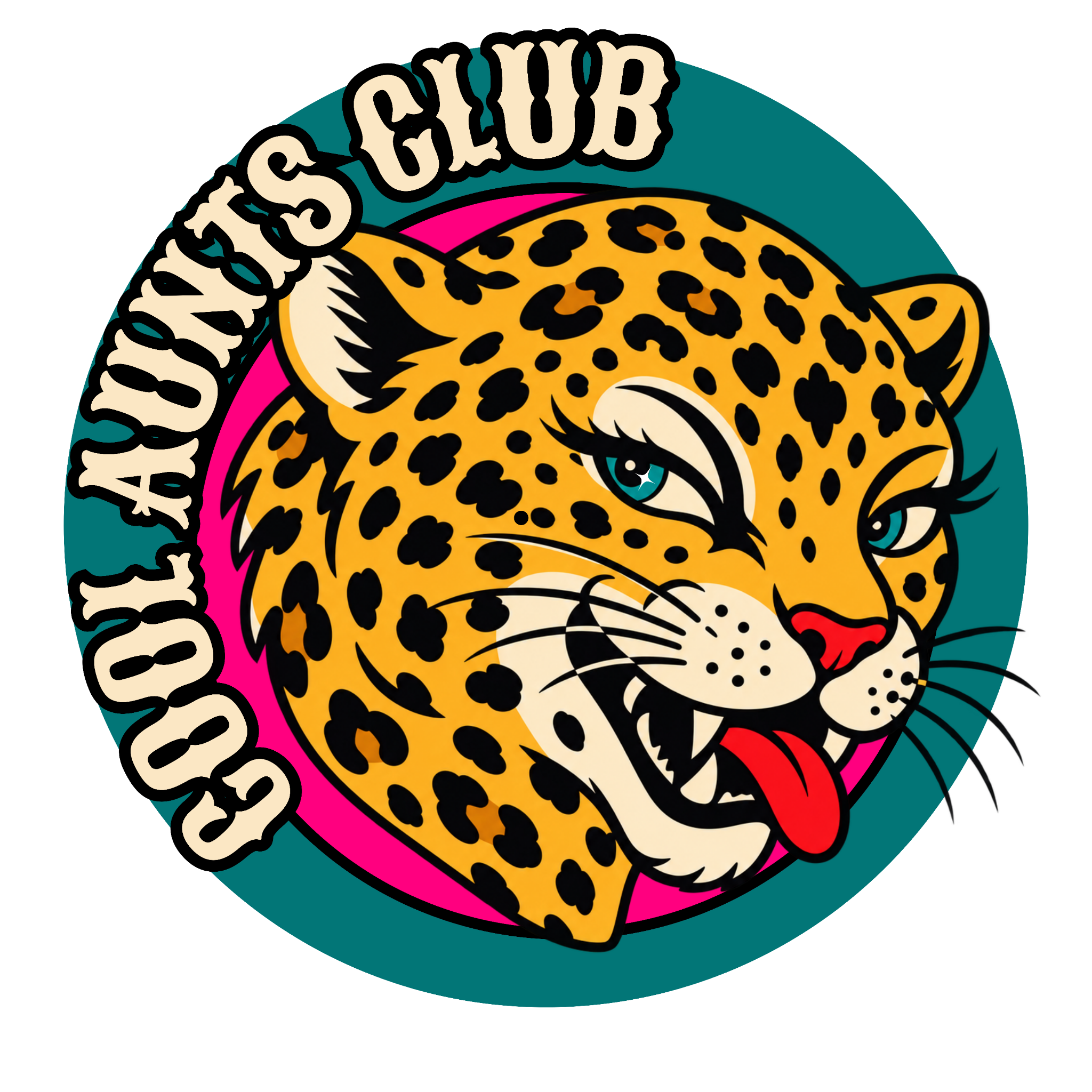 Cool Aunts Club logo, a cheeky leopard with teal eyes and pink tongue
