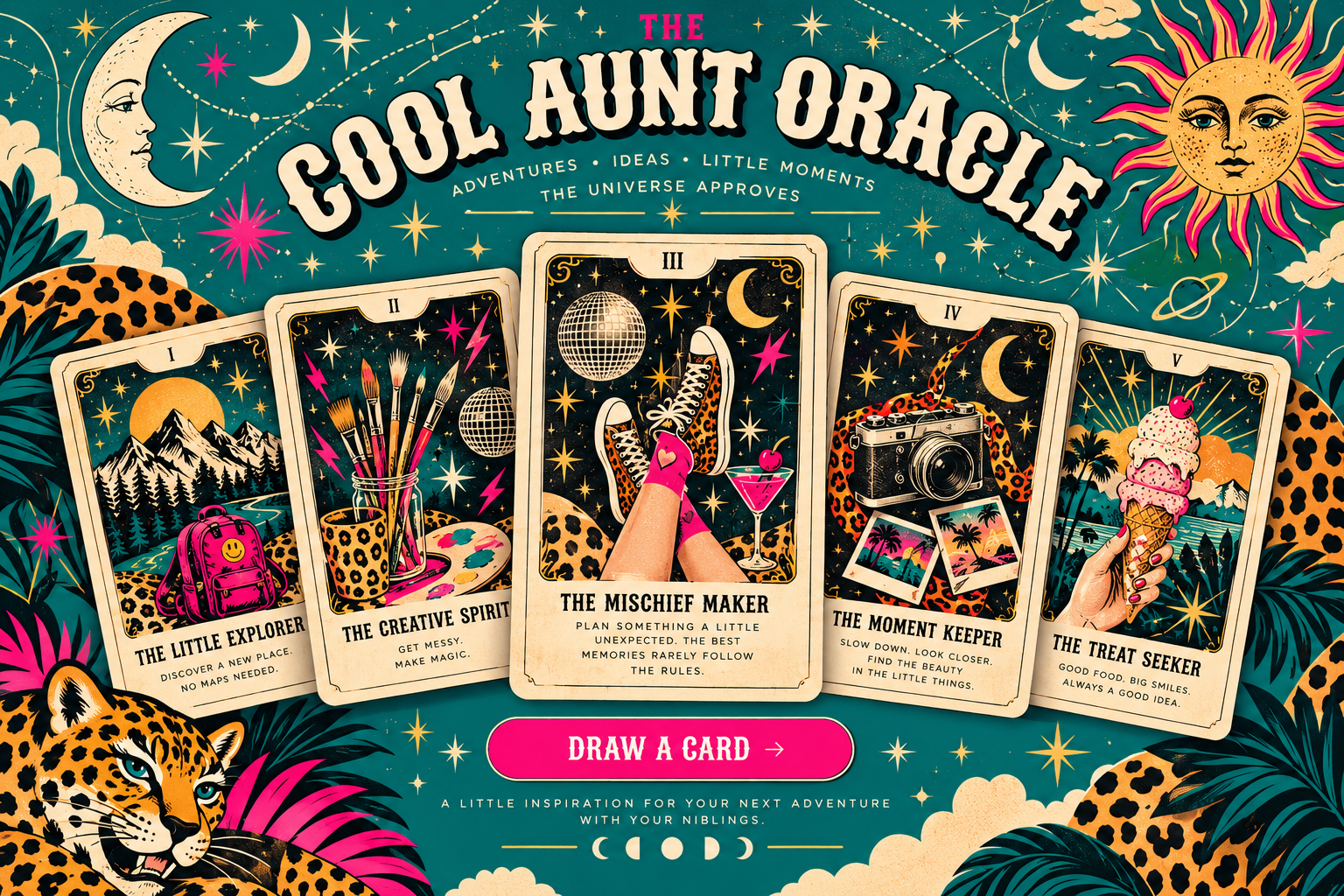 The Cool Aunt Oracle: bright teal celestial tarot artwork with moons, stars, leopard print and five vintage illustrated adventure cards.